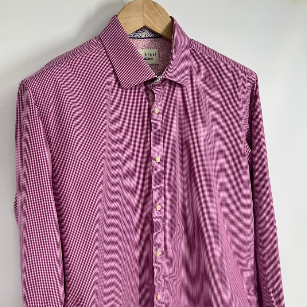 Ted Baker Endurance Mens 16 34/35 Pink Gingham Dress Shirt Long Sleeve Cotton - Picture 3 of 12